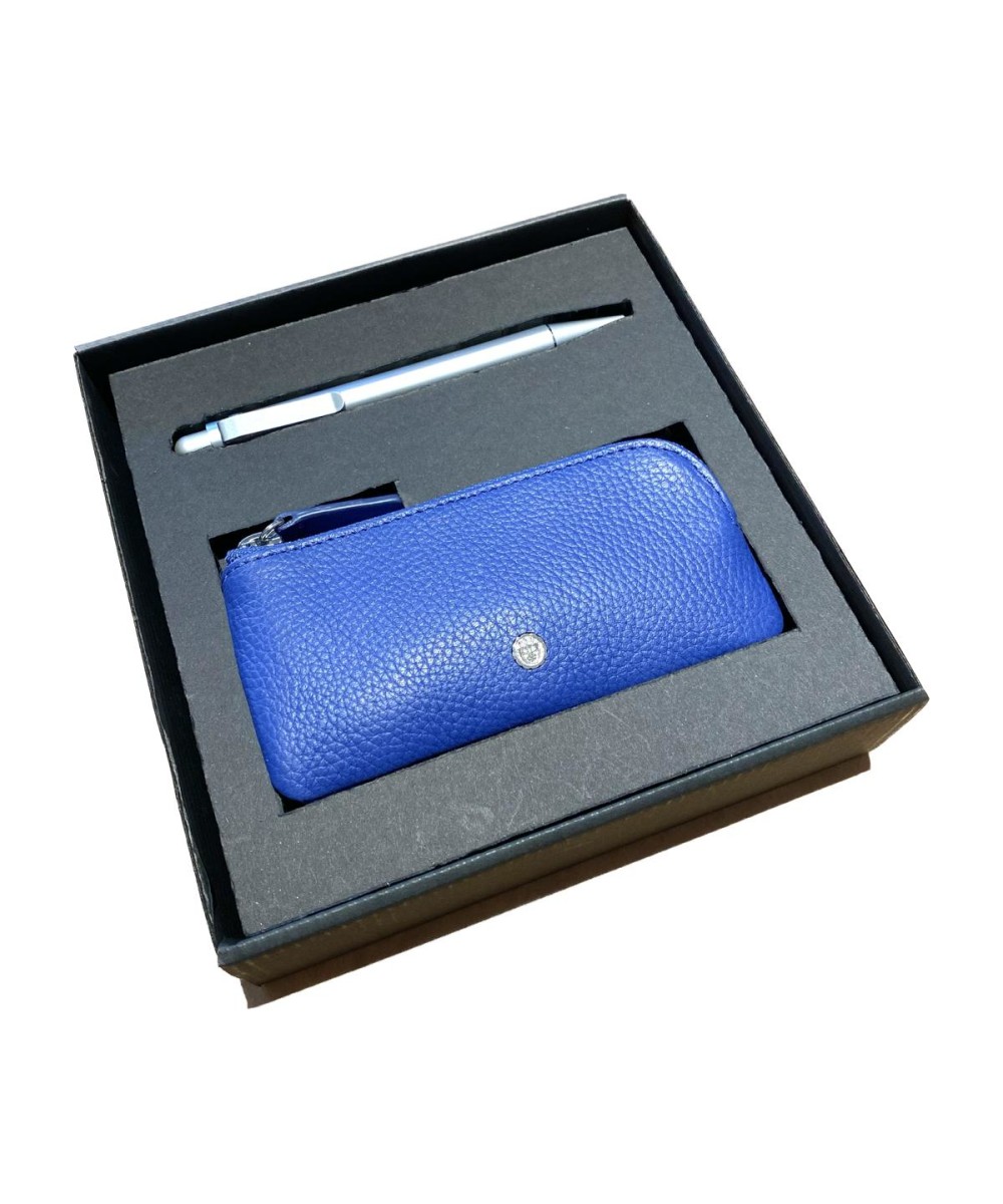 AG Spalding & Bros kit portachiavi con zip in pelle blu + penna